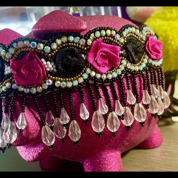 2piece Fuchsia Roses🌹 STATEMENT choker blk pink, fabric, beads, rhinestones NWT - Picture 3 of 6